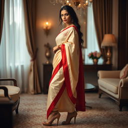 A sensual depiction of a confident woman adorned in traditional Assamese attire, featuring a cream and red color combination, elegantly captured in a luxurious room atmosphere