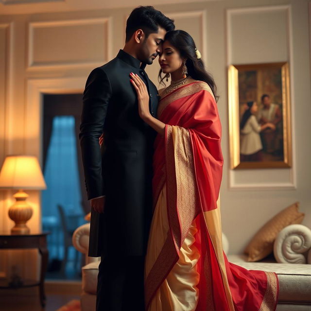 A sensual depiction of a confident woman adorned in traditional Assamese attire, featuring a cream and red color combination, elegantly captured in a luxurious room atmosphere