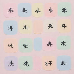 Japanese onomatopoeia reaction in soft pastel colors. It should be dynamic, layered and possibly incorporate symbols or letters relevant to japanese language.