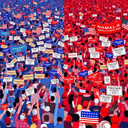 An animated scene depicting a massive crowd of Americans waving signs, banners, and American flags