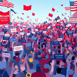 An animated scene depicting a massive crowd of Americans waving signs, banners, and American flags