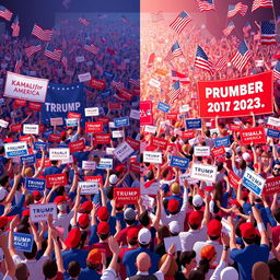 An animated scene depicting a massive crowd of Americans waving signs, banners, and American flags