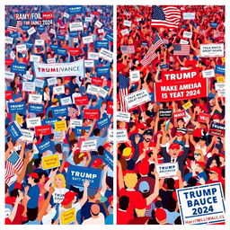 An animated scene depicting a massive crowd of Americans waving signs, banners, and American flags