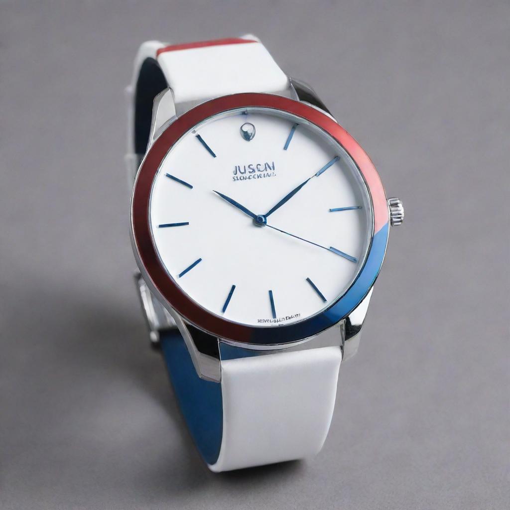 A luxurious red, white, and blue designer wristwatch showcasing a sleek and modern style.