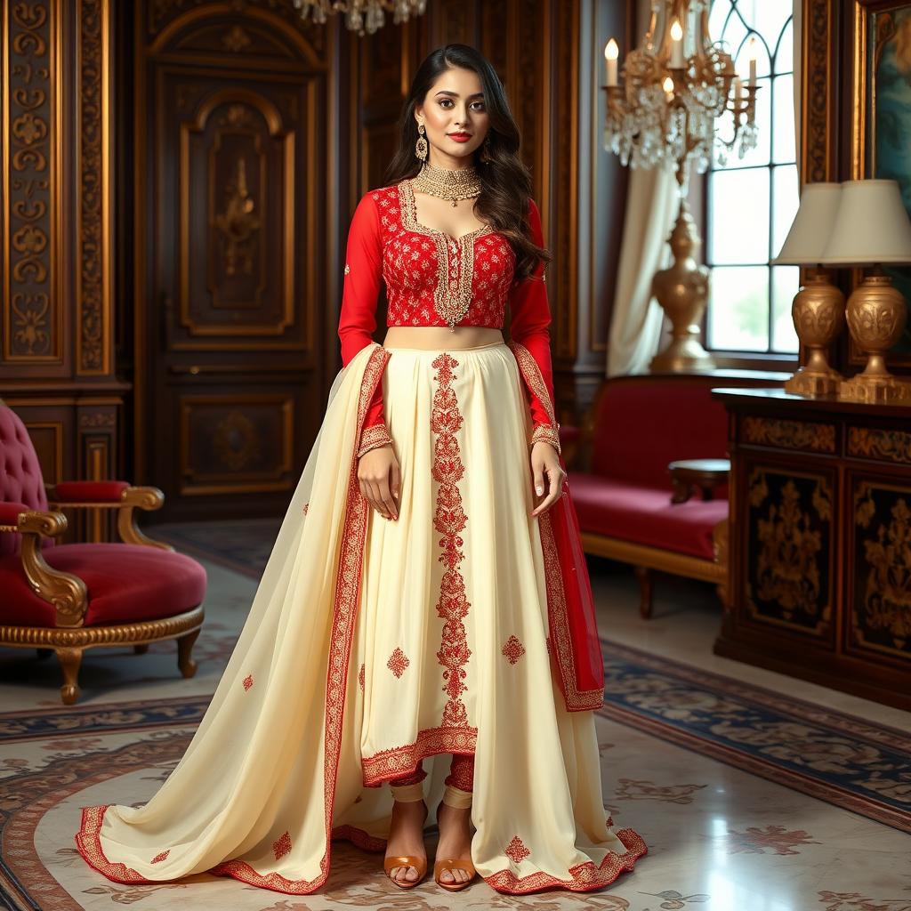 A woman wearing a cream and red color combination elegant Chadar, red mekhela, red blouse, high heels, in a luxurious room