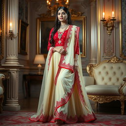 A woman wearing a cream and red color combination elegant Chadar, red mekhela, red blouse, high heels, in a luxurious room