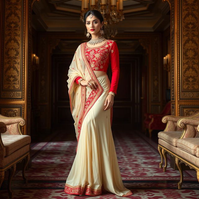 A woman wearing a cream and red color combination elegant Chadar, red mekhela, red blouse, high heels, in a luxurious room