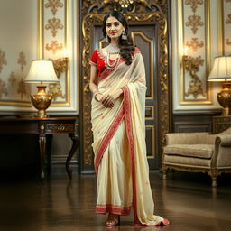 A woman wearing a cream and red color combination elegant Chadar, red mekhela, red blouse, high heels, in a luxurious room