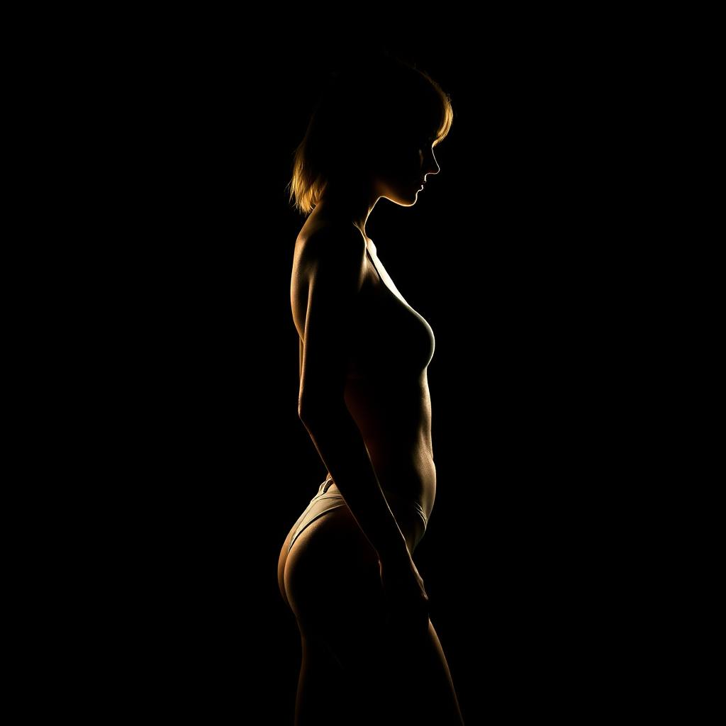 An artistic and realistic photo capturing the illuminated silhouette of a young, slender woman in a swimsuit, standing sideways in a completely dark space