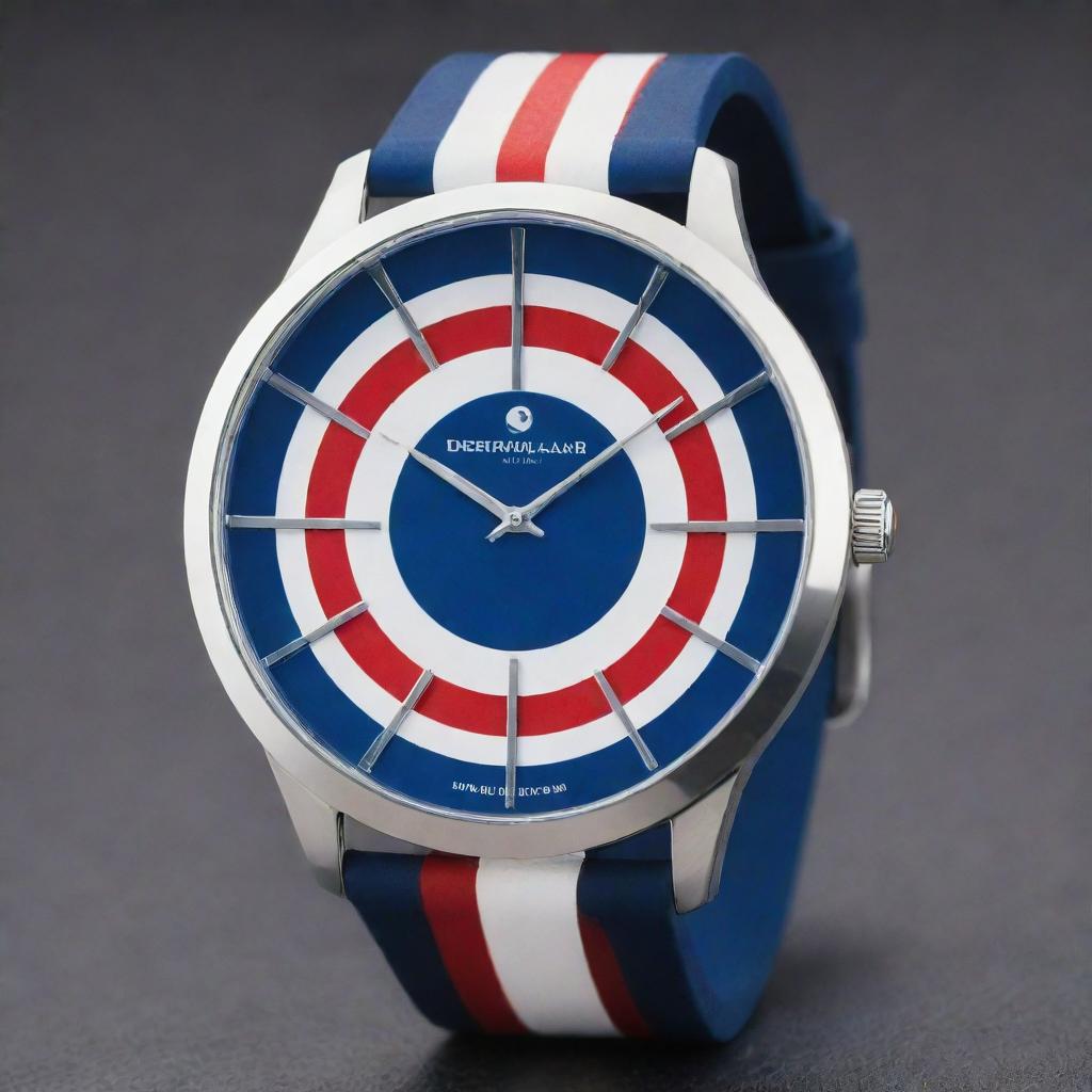 A luxurious red, white, and blue designer wristwatch showcasing a sleek and modern style.