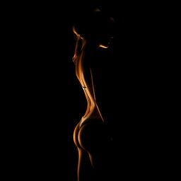 An artistic and realistic photo capturing the illuminated silhouette of a young, slender woman in a swimsuit, standing sideways in a completely dark space