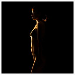 An artistic and realistic photo capturing the illuminated silhouette of a young, slender woman in a swimsuit, standing sideways in a completely dark space