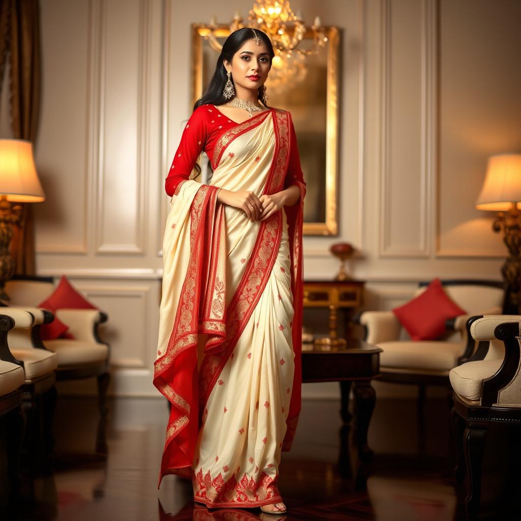 A woman elegantly dressed in a cream and red muga Chadar, red mekhela, red blouse, and high heels, in a sophisticated pose in a luxurious room