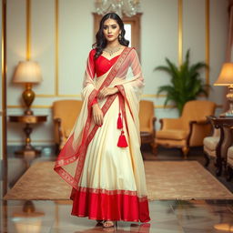 A woman elegantly dressed in a cream and red muga Chadar, red mekhela, red blouse, and high heels, in a sophisticated pose in a luxurious room