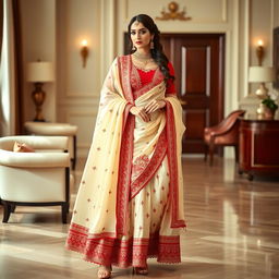 A woman elegantly dressed in a cream and red muga Chadar, red mekhela, red blouse, and high heels, in a sophisticated pose in a luxurious room