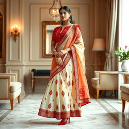 A woman elegantly dressed in a cream and red muga Chadar, red mekhela, red blouse, and high heels, in a sophisticated pose in a luxurious room