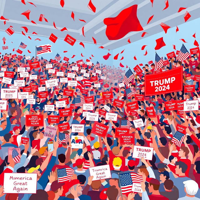 An animated scene featuring a massive crowd of Americans waving an array of vibrant signs, banners, and American flags