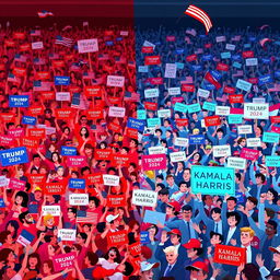 An animated scene featuring a massive crowd of Americans waving an array of vibrant signs, banners, and American flags