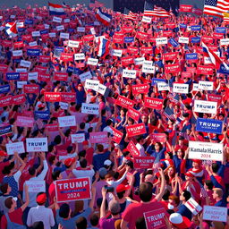 An animated scene featuring a massive crowd of Americans waving an array of vibrant signs, banners, and American flags