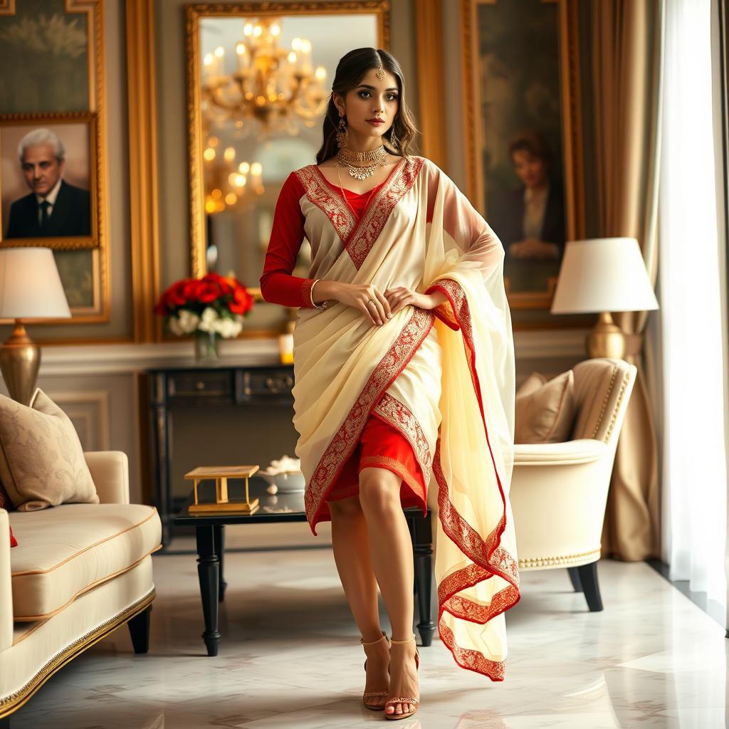 A woman in a cream and red color combination elegant Chadar, red mekhela, red blouse, and high heels, in a luxurious room