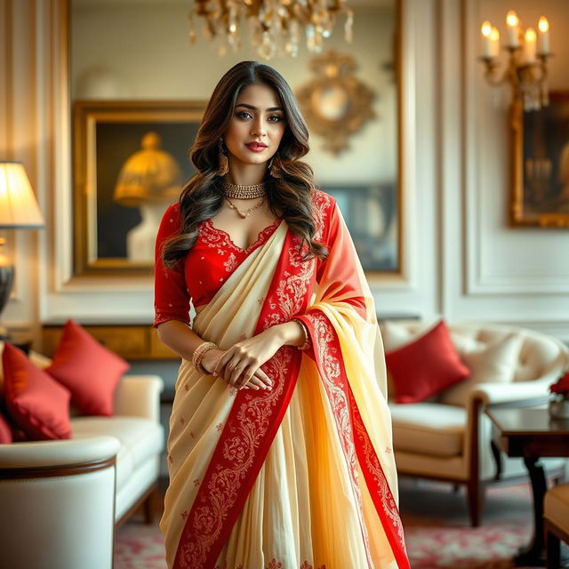 A woman in a cream and red color combination elegant Chadar, red mekhela, red blouse, and high heels, in a luxurious room