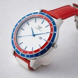 A luxurious red, white, and blue designer wristwatch showcasing a sleek and modern style.