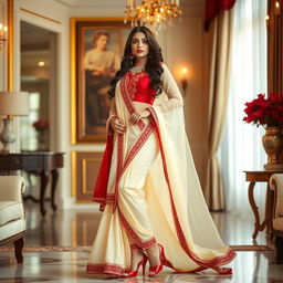 A woman in a cream and red color combination elegant Chadar, red mekhela, red blouse, and high heels, in a luxurious room