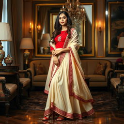 A woman in a cream and red color combination elegant Chadar, red mekhela, red blouse, and high heels, in a luxurious room