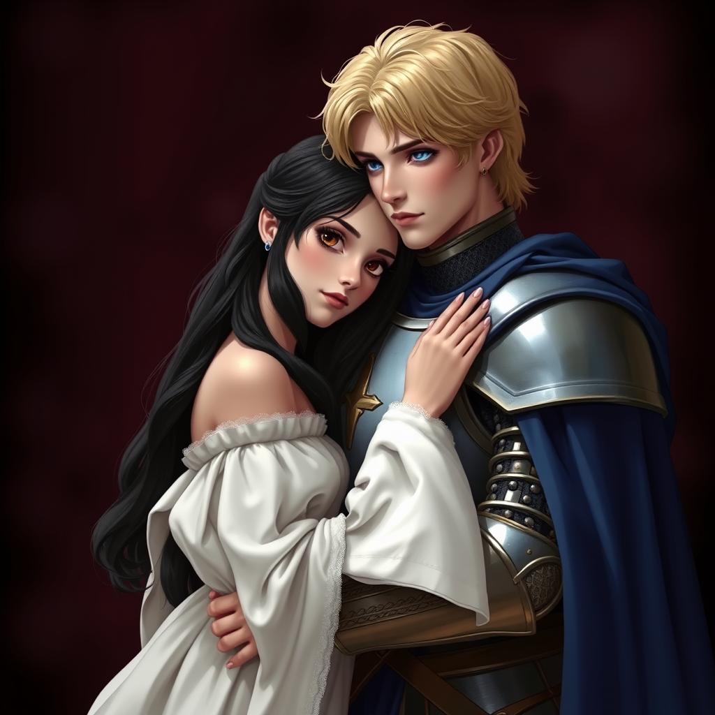 A young European princess with long black hair and brown eyes, wearing a white gown with wide, long sleeves, leaning her head on the knight's chest