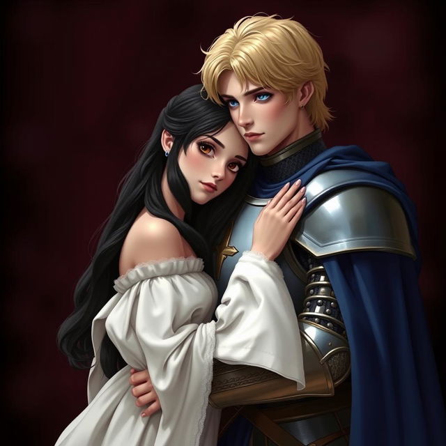 A young European princess with long black hair and brown eyes, wearing a white gown with wide, long sleeves, leaning her head on the knight's chest