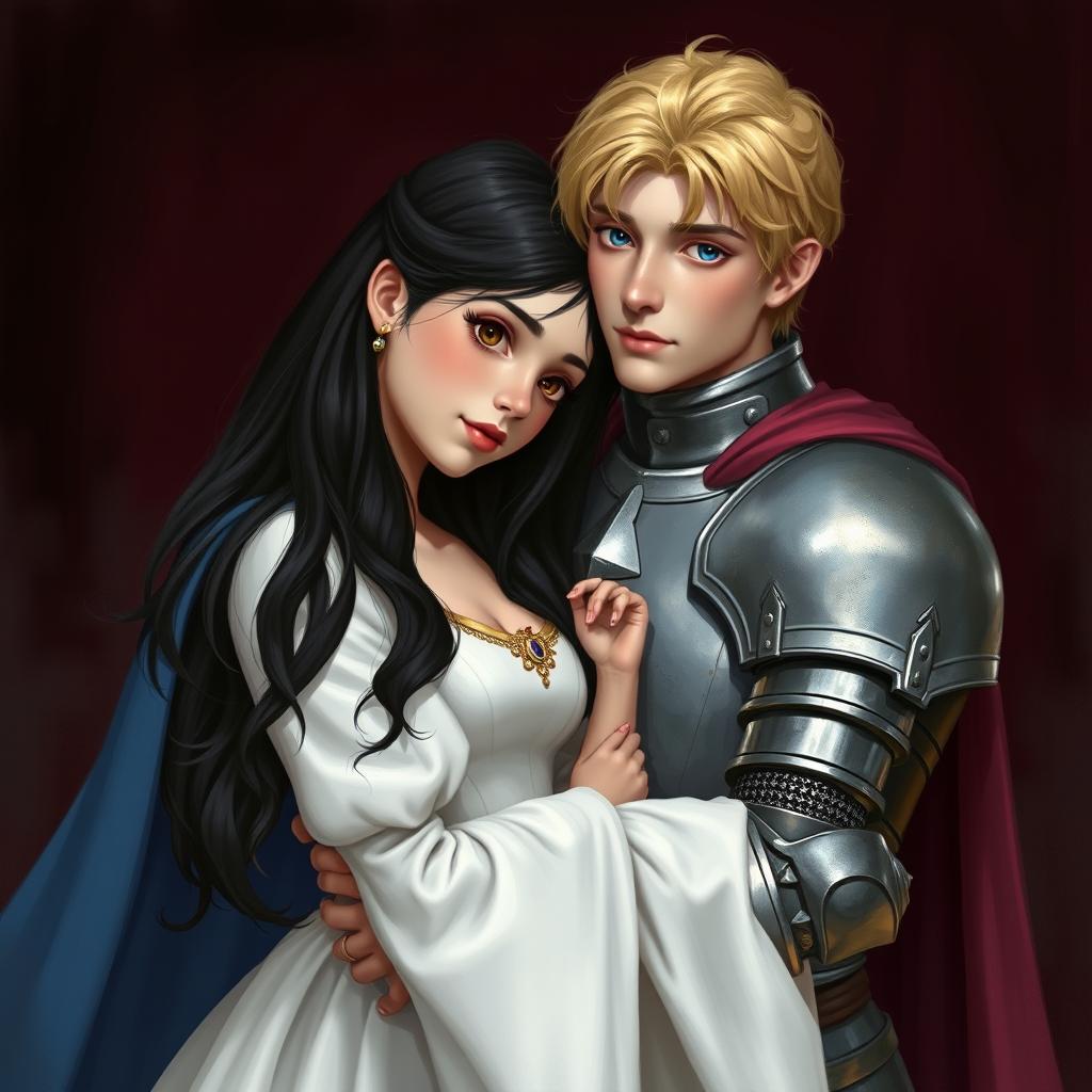 A realistic style image of a young European princess with long black hair and brown eyes, wearing a white gown with wide, long sleeves, leaning her head on the knight's chest