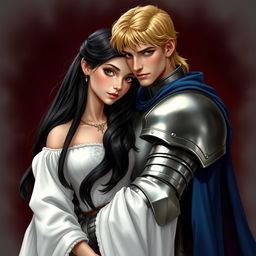 A realistic style image of a young European princess with long black hair and brown eyes, wearing a white gown with wide, long sleeves, leaning her head on the knight's chest