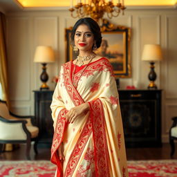 An Indonesian woman in a cream and red color combination elegant Chadar, red mekhela, red blouse, and high heels, radiating beauty and style in a luxurious room