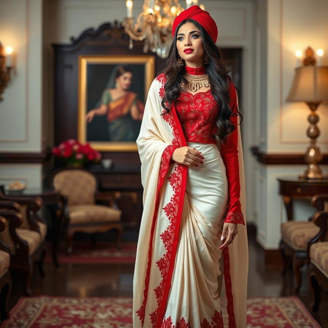 An Indonesian woman in a cream and red color combination elegant Chadar, red mekhela, red blouse, and high heels, radiating beauty and style in a luxurious room