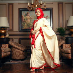 An Indonesian woman in a cream and red color combination elegant Chadar, red mekhela, red blouse, and high heels, radiating beauty and style in a luxurious room