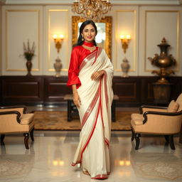 An Indonesian woman in a cream and red color combination elegant Chadar, red mekhela, red blouse, and high heels, radiating beauty and style in a luxurious room