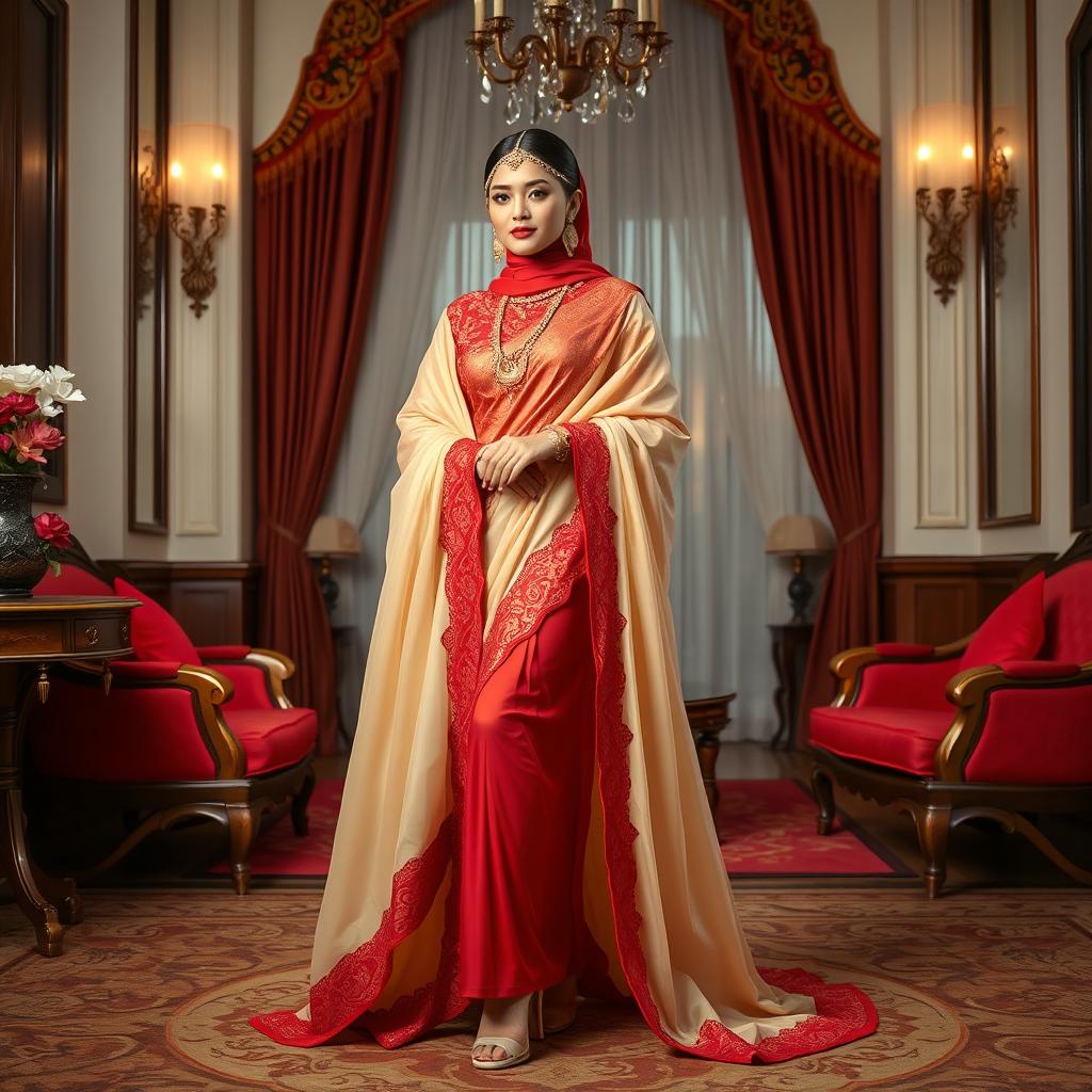 An Indonesian woman in a muga, cream, and red color combination elegant Chadar, red mekhela, and red blouse paired with high heels, in a luxurious Oyo room