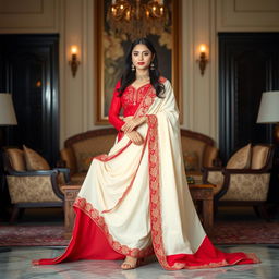 An Indonesian woman in a muga, cream, and red color combination elegant Chadar, red mekhela, and red blouse paired with high heels, in a luxurious Oyo room