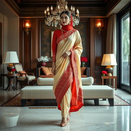 An Indonesian woman in a muga, cream, and red color combination elegant Chadar, red mekhela, and red blouse paired with high heels, in a luxurious Oyo room