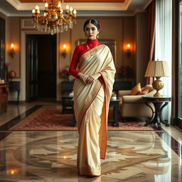 An Indonesian woman in a muga, cream, and red color combination elegant Chadar, red mekhela, and red blouse paired with high heels, in a luxurious Oyo room