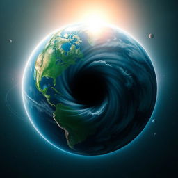 A globe split into two halves with a mystical black hole in the center