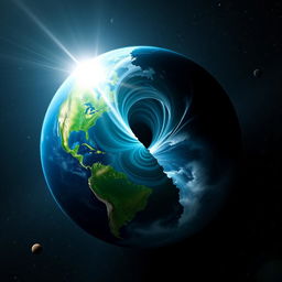 A globe split into two halves with a mystical black hole in the center