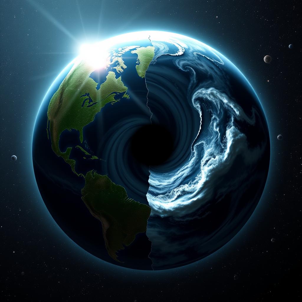 A globe split into two halves with a mystical black hole in the center