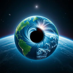 A globe split into two halves with a mystical black hole in the center