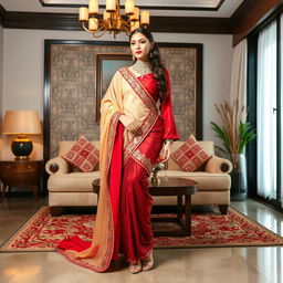 An Indonesian model in a muga, cream, and red color combination elegant Chadar, red mekhela, and red blouse paired with high heels