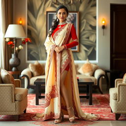 An Indonesian model in a muga, cream, and red color combination elegant Chadar, red mekhela, and red blouse paired with high heels