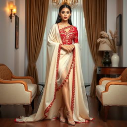 An Indonesian model in a muga, cream, and red color combination elegant Chadar, red mekhela, and red blouse paired with high heels