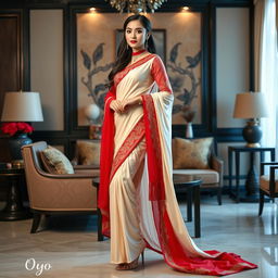 An Indonesian model in a muga, cream, and red color combination elegant Chadar, red mekhela, and red blouse paired with high heels