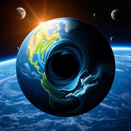 A globe divided into two distinct halves by a mesmerizing black hole at its center