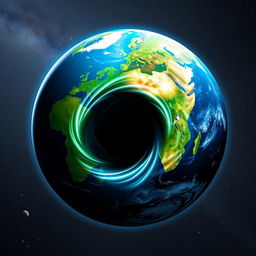 A globe divided into two distinct halves by a mesmerizing black hole at its center